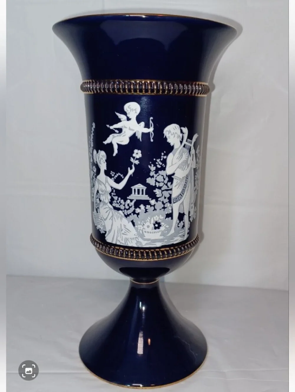 Vintage Hand Made Florentine Italy Blue Classical Vase with White Cameo Motif